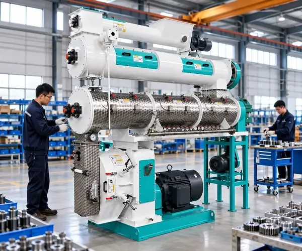 Feed pellet mill with conditioning units in a workshop