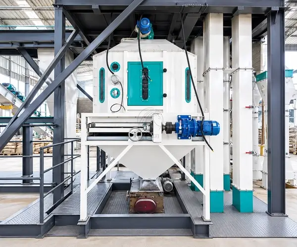 Feed pellet cooler with inspection windows and discharge equipment