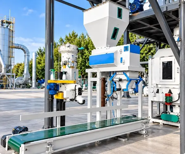 Feed bagging equipment with a weighing hopper and conveyor
