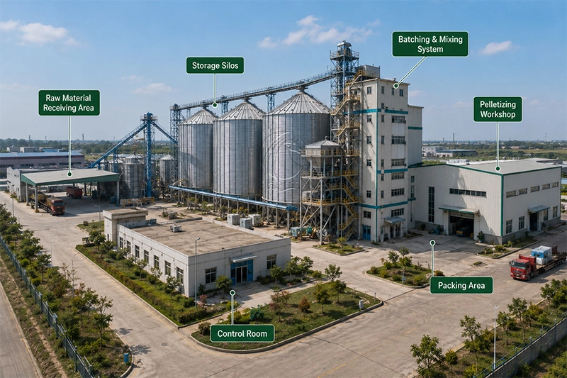 Complete_Animal_Feed_Production_Plant_With_Silos_Mixing_Pelletizing_Control_And_Packing_Systems