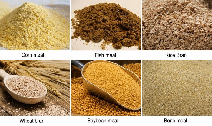 Floating_Fish_Feed_Raw_Materials_Including_Corn_Meal_Fish_Meal_Rice_Bran_Wheat_Bran_Soybean_Meal_And_Bone_Meal